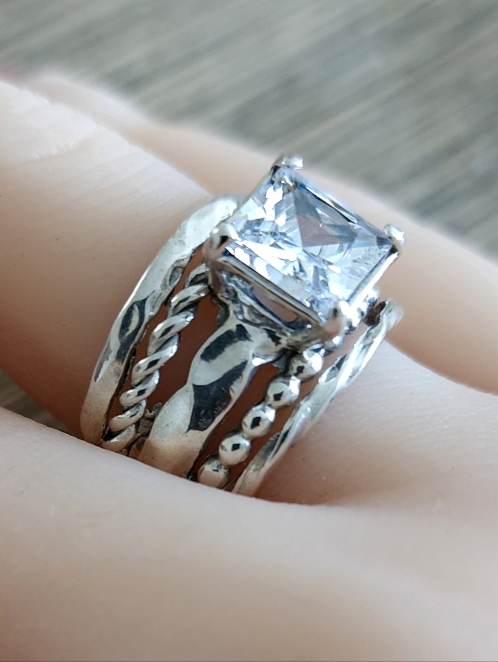 Noa Zuman Signed Sterling Silver 925 Clear CZ Stone Hammered 6.5 Ring Israel - Picture 8 of 12